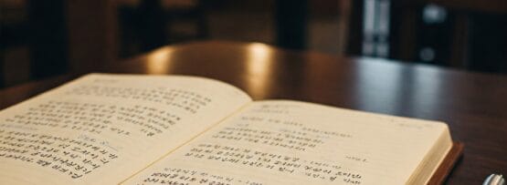 薄暗いカフェの暗い木製のテーブルの上に、銀色のペンの横に、手書きの韓国語の文字が書かれた開いたノートが置いてあります。.