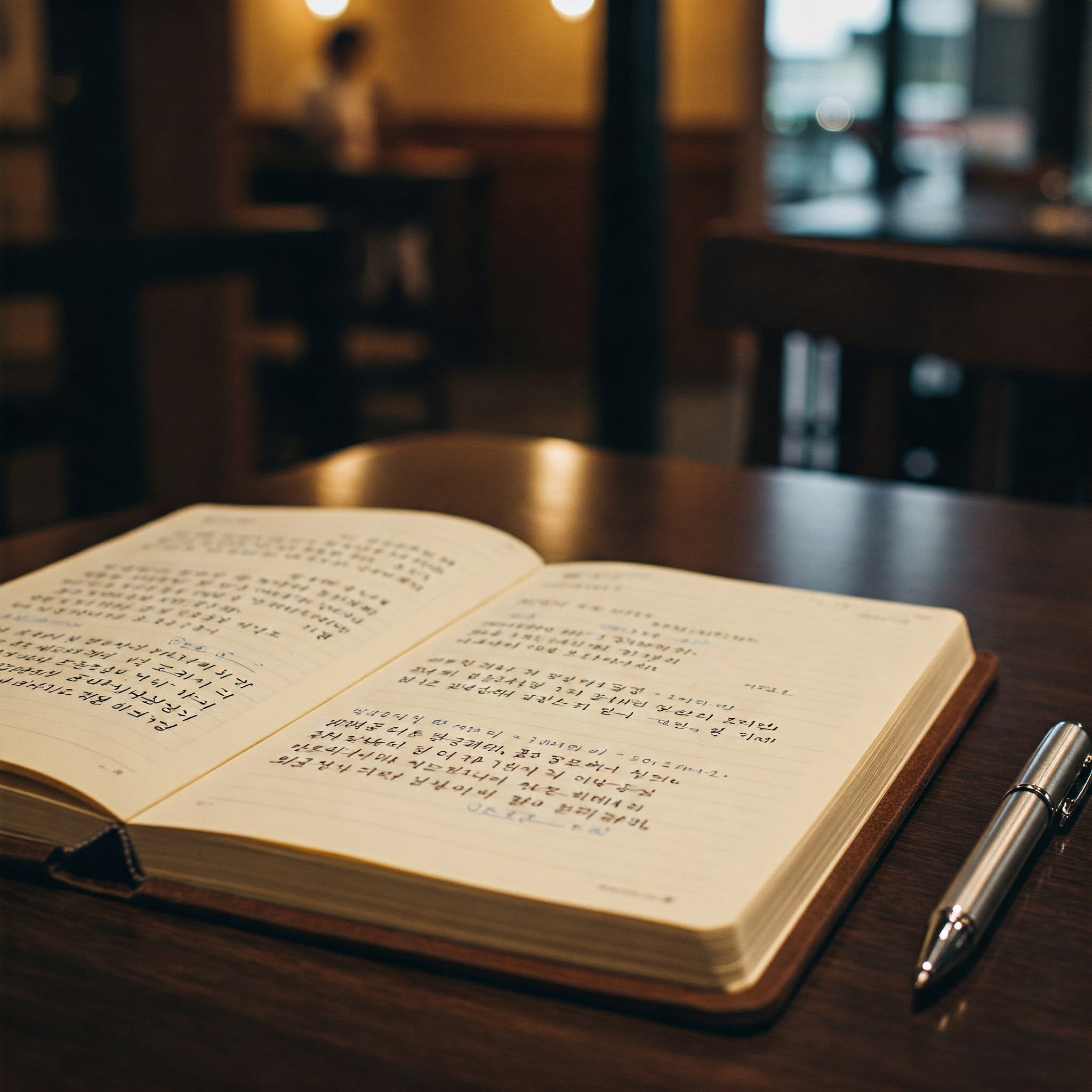 薄暗いカフェの暗い木製のテーブルの上に、銀色のペンの横に、手書きの韓国語の文字が書かれた開いたノートが置いてあります。.