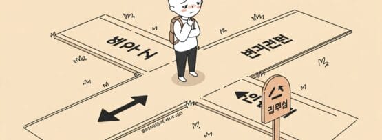 漫画の登場人物が、それぞれの道に韓国語の文字が書かれた四つ角の交差点に立っており、どの方向に進むべきか迷っている様子だ。.