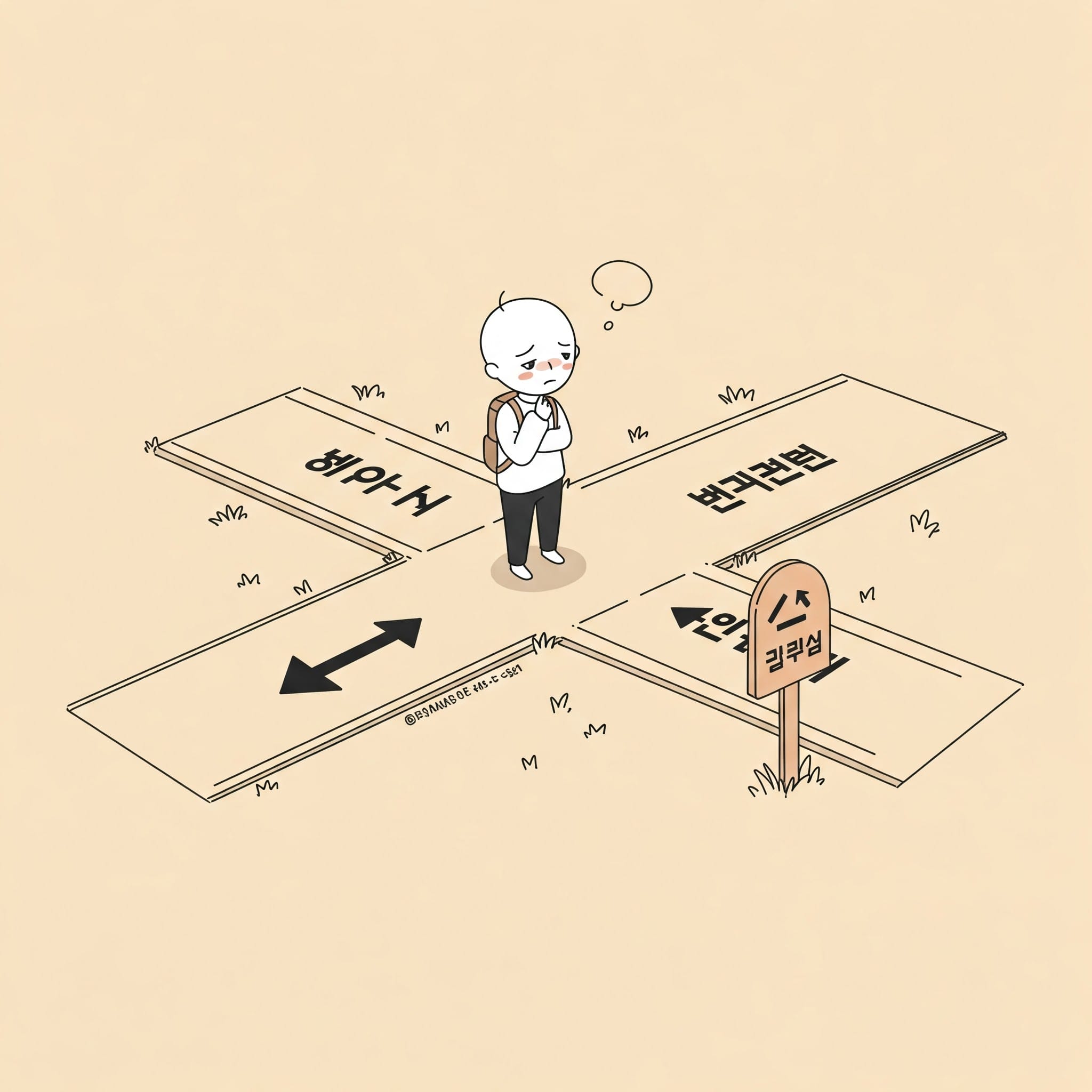 漫画の登場人物が、それぞれの道に韓国語の文字が書かれた四つ角の交差点に立っており、どの方向に進むべきか迷っている様子だ。.