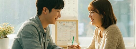 男性と女性が、日光が差し込むカフェのテーブルに向かい合って座り、飲み物を前にして笑顔で手をつないでいる。.