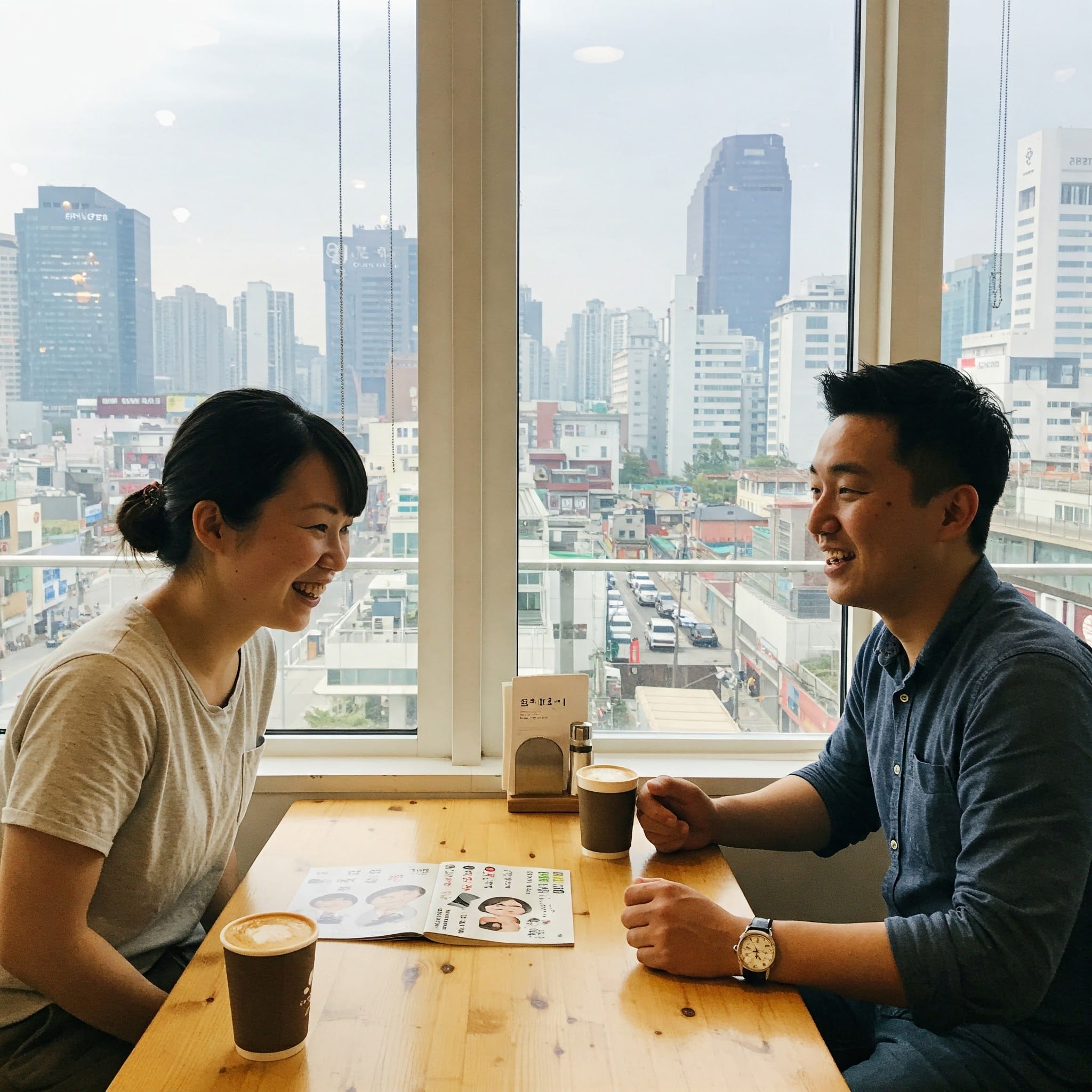 2 人がカフェのテーブルに座り、目の前にコーヒー カップとメニューを置いて笑顔で話しています。背後の大きな窓からは街のスカイラインが見えます。.