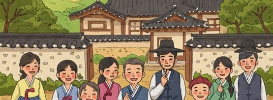 韓国の伝統的な韓服を着た人々のグループが、山々を背景にした韓国の伝統的な家屋の前で微笑みながら立っている。.