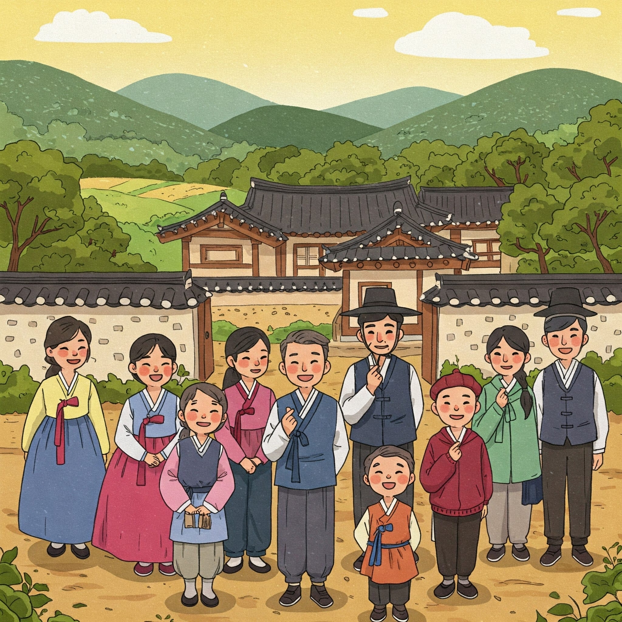 韓国の伝統的な韓服を着た人々のグループが、山々を背景にした韓国の伝統的な家屋の前で微笑みながら立っている。.