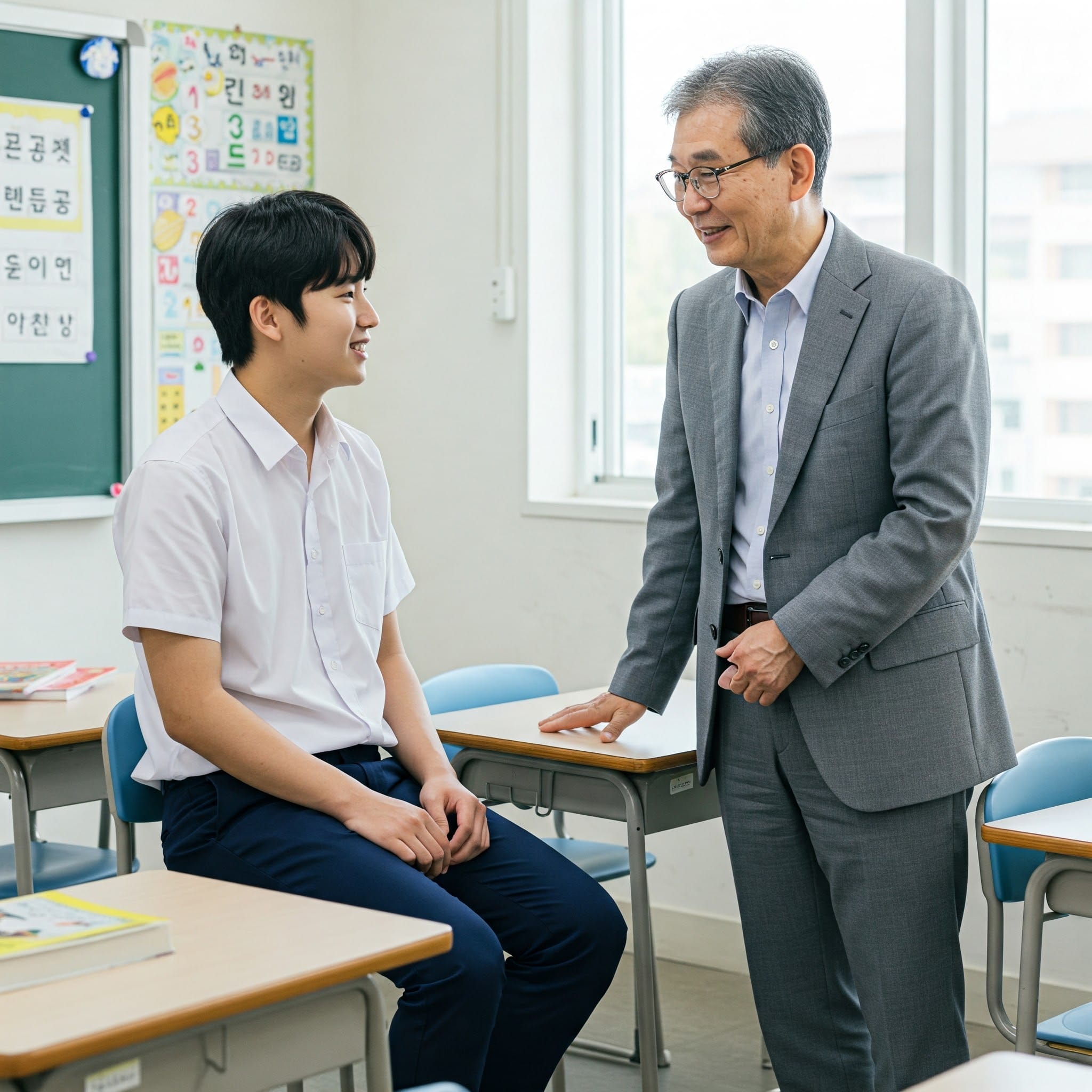 スーツを着た男性教師が、机と本が置かれ、壁には教育ポスターが貼られた教室で、座っている男子生徒に話しかけている。.