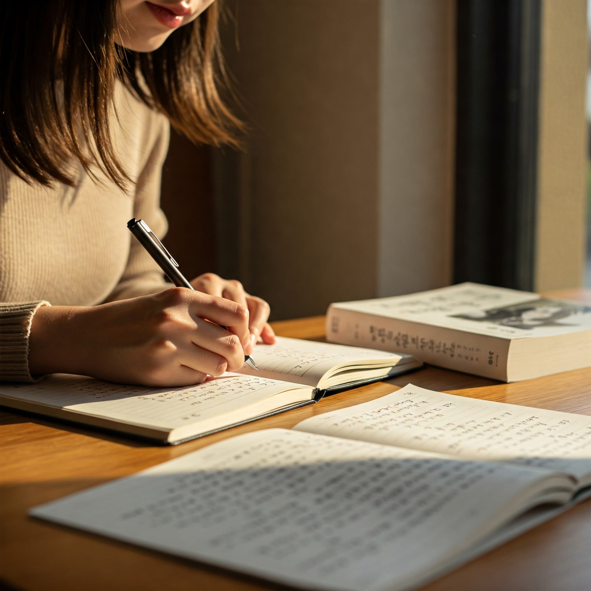 木製のテーブルの上に、近くの本を開いてノートに書いている人がいます。日光がページに影を落としています。.