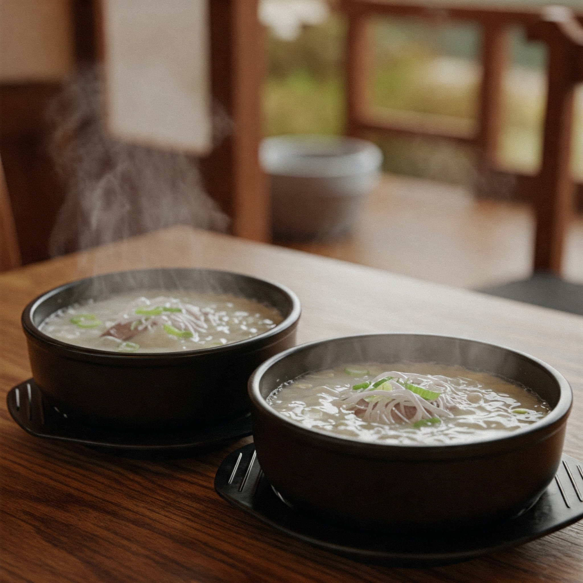 室内の木のテーブルの上に、スライスしたネギが乗った湯気のたつスープの入ったボウルが 2 つ置かれている。.