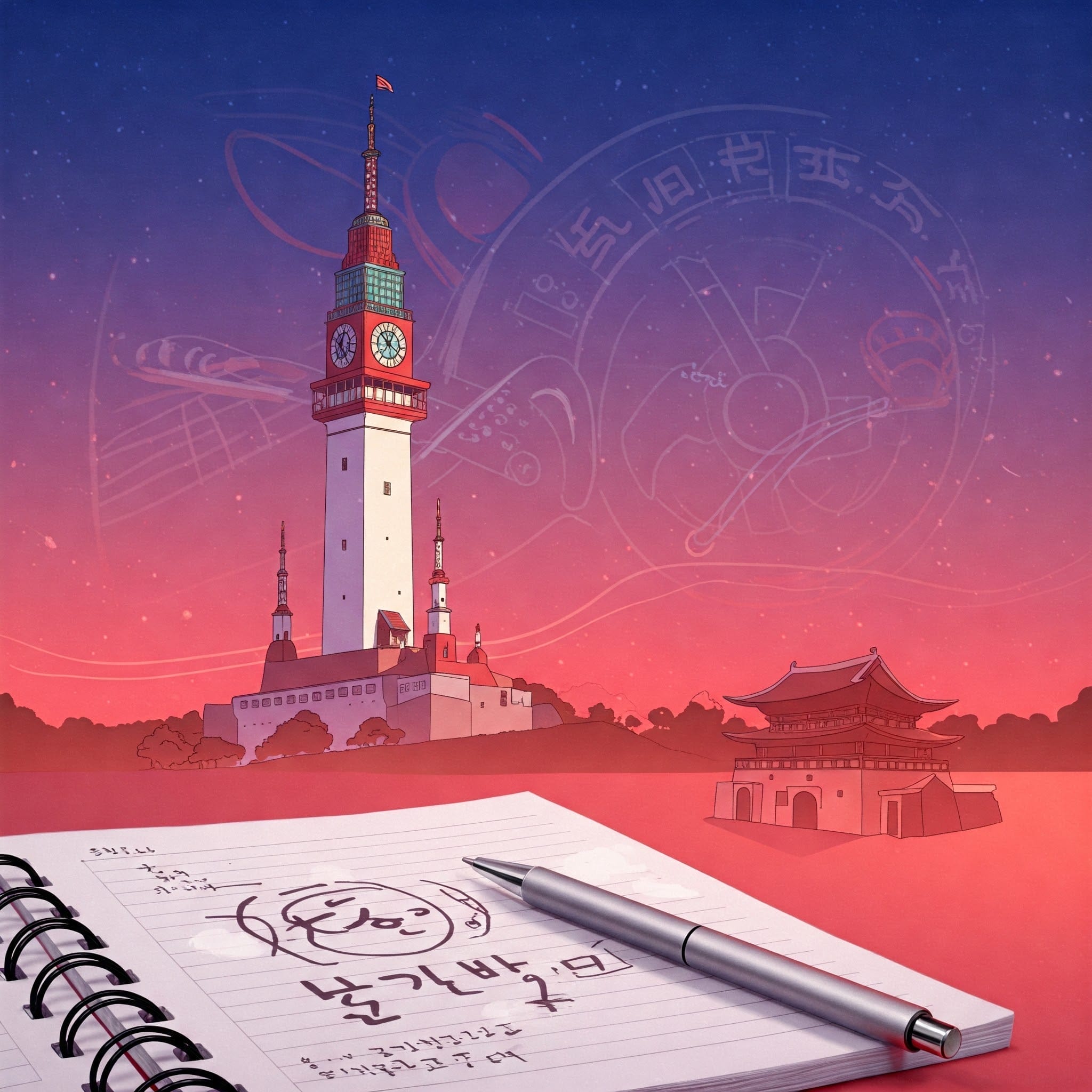 星座が浮かぶ夕焼けの空を背景に、高い時計塔が立っています。その横には、韓国語で書かれたノートとペンが開いています。前景には、韓国の伝統的な門があります。.