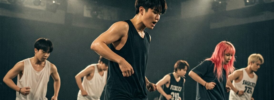 6 人のダンサーが、ステージ照明のあるスタジオでルーティンを練習しています。彼らはカジュアルなスポーツウェアを着て、暗い床の上に隊列を組んで立っています。.