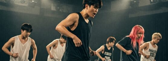 6 人のダンサーが、ステージ照明のあるスタジオでルーティンを練習しています。彼らはカジュアルなスポーツウェアを着て、暗い床の上に隊列を組んで立っています。.