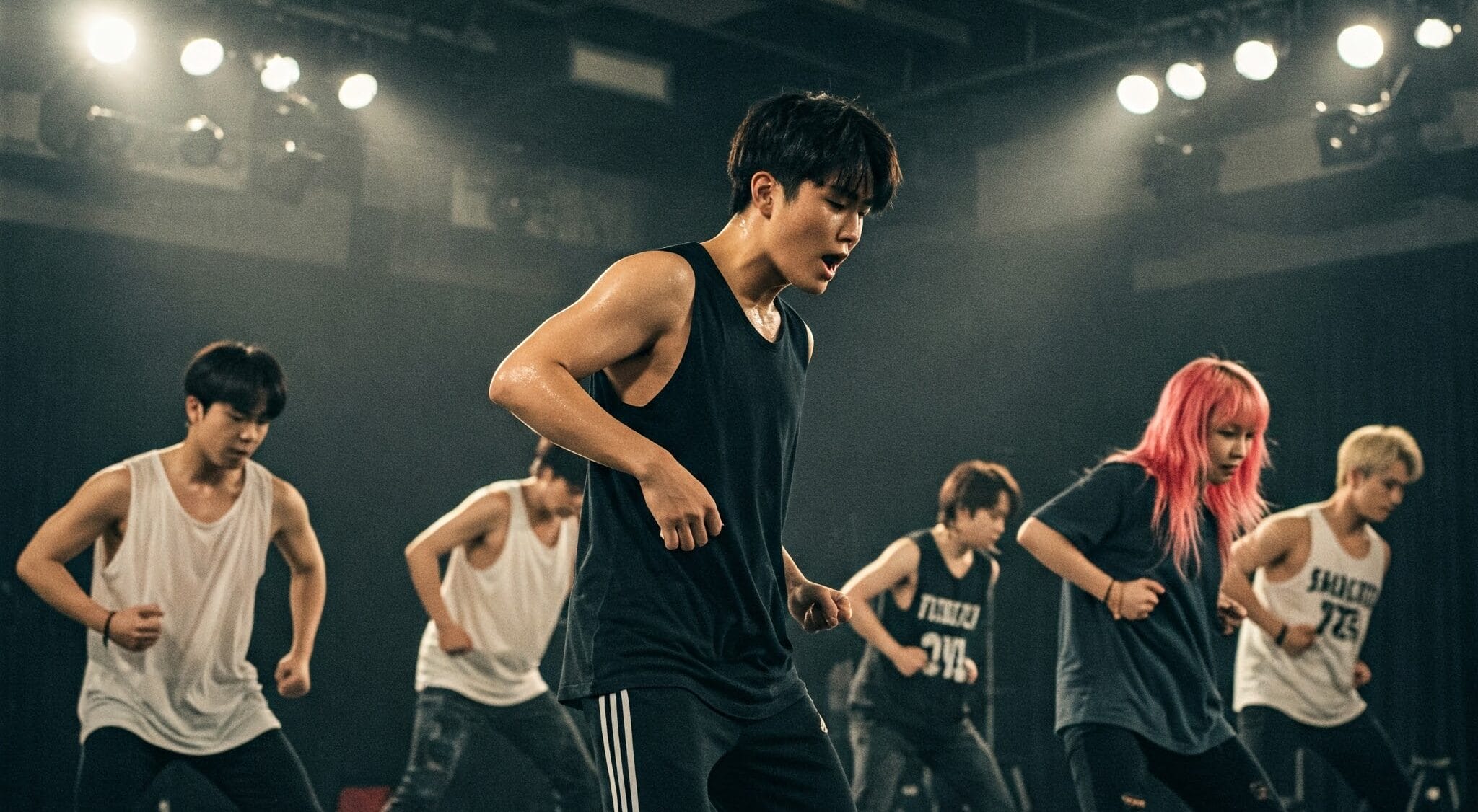 6 人のダンサーが、ステージ照明のあるスタジオでルーティンを練習しています。彼らはカジュアルなスポーツウェアを着て、暗い床の上に隊列を組んで立っています。. 6 人のダンサーが、ステージ照明のあるスタジオでルーティンを練習しています。彼らはカジュアルなスポーツウェアを着て、暗い床の上に隊列を組んで立っています。.