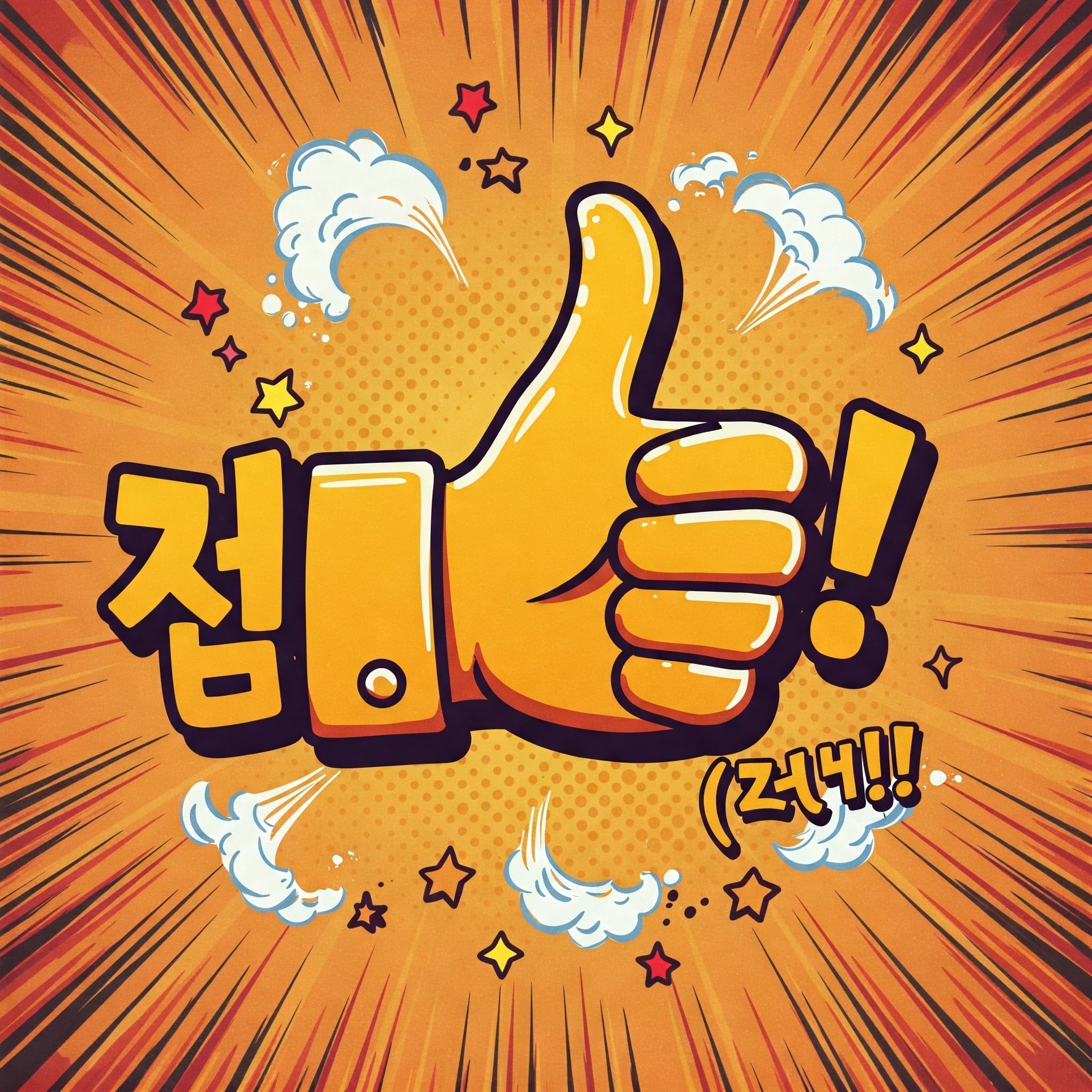 オレンジ色の背景に、大きな親指を立てたマークと韓国語の文字が描かれ、アニメーション化された雲と星に囲まれた漫画風のイラストです。.