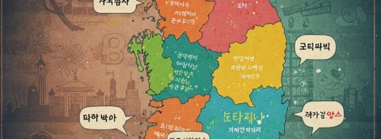 さまざまな地域がさまざまな色で強調表示され、各地域に韓国語のテキスト ラベルが付けられた、様式化された韓国の地図です。.