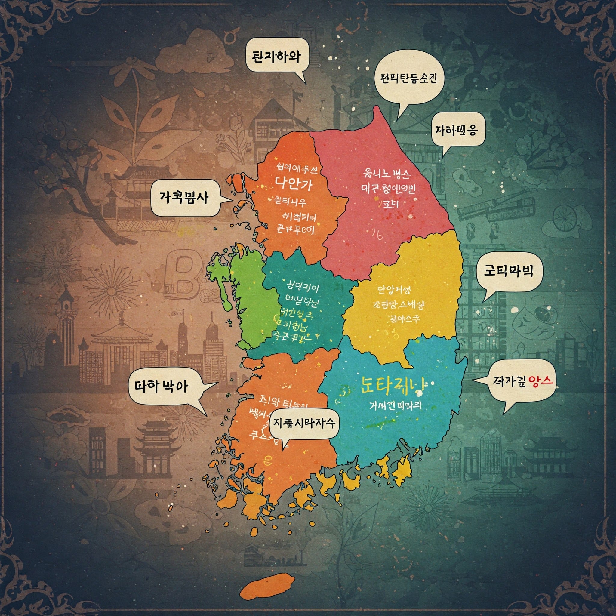 さまざまな地域がさまざまな色で強調表示され、各地域に韓国語のテキスト ラベルが付けられた、様式化された韓国の地図です。.
