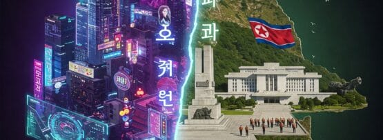 デジタル分割された韓国の地図には、左側にネオンに照らされた未来的な都市、右側に北朝鮮の国旗を掲げた平壌の記念碑が描かれている。.