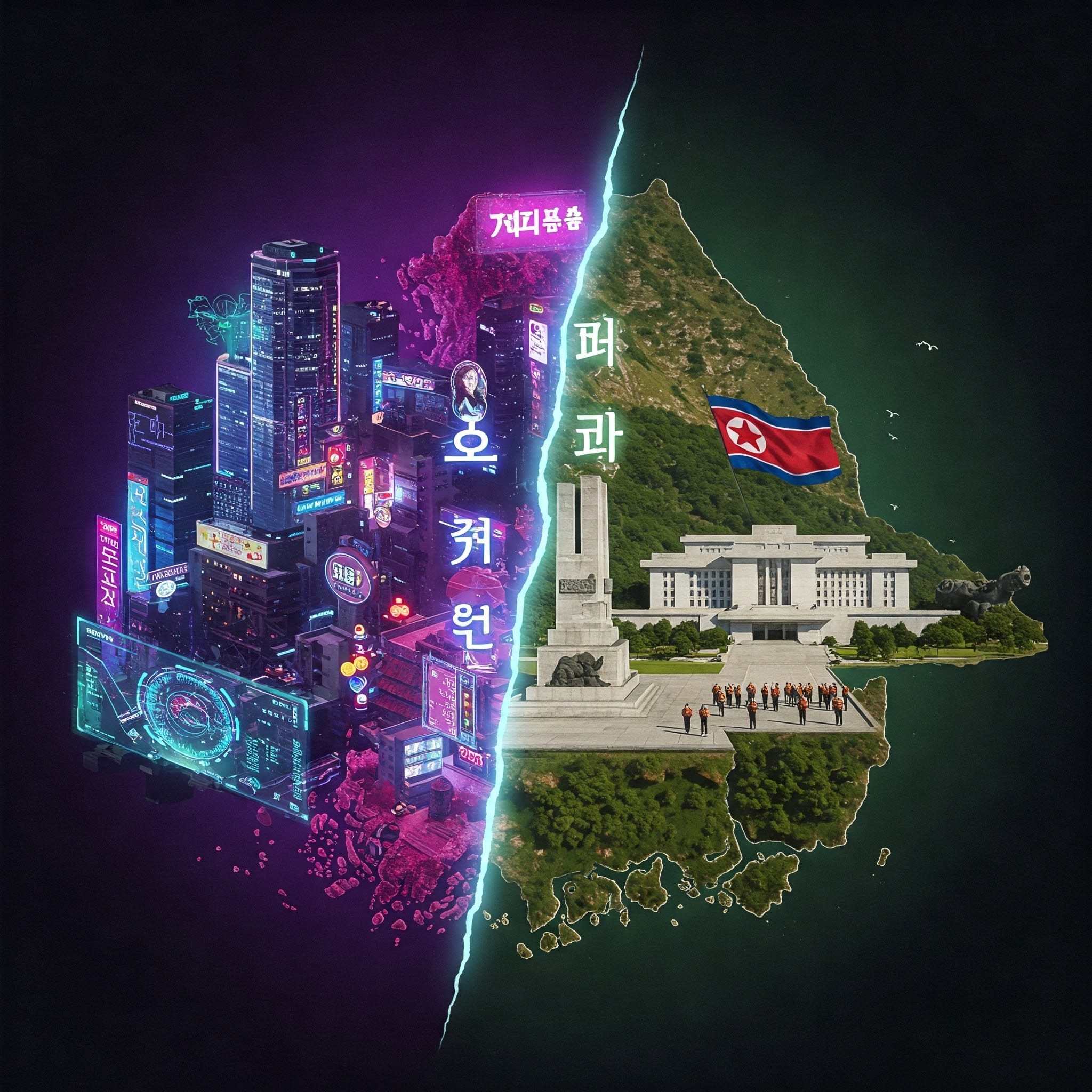 デジタル分割された韓国の地図には、左側にネオンに照らされた未来的な都市、右側に北朝鮮の国旗を掲げた平壌の記念碑が描かれている。.
