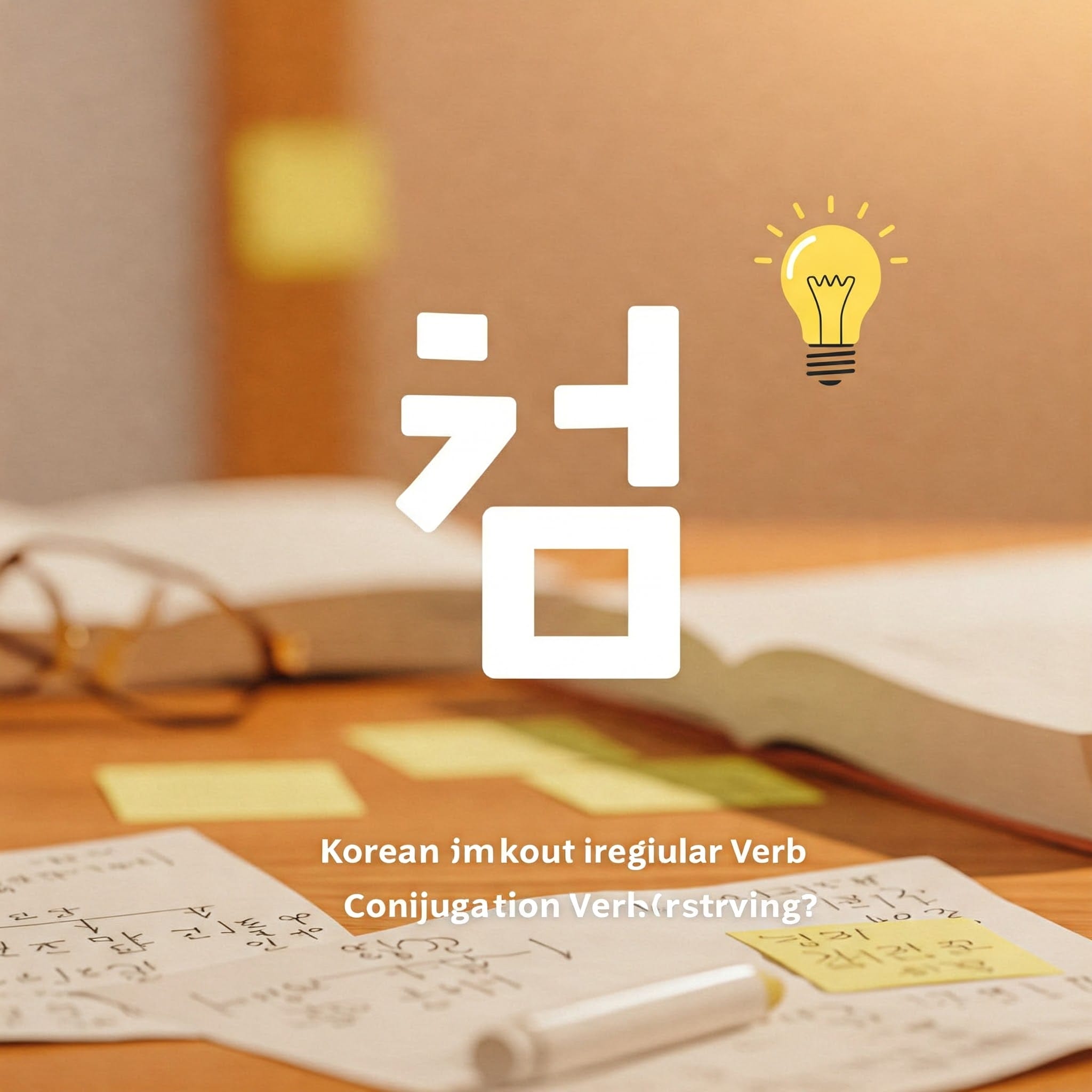 開いた本、付箋、手書きのメモ、その上に電球アイコンが付いた大きな韓国語の文字が置かれた机。韓国語の不規則動詞の活用に関するテキスト。. 開いた本、付箋、手書きのメモ、その上に電球アイコンが付いた大きな韓国語の文字が置かれた机。韓国語の不規則動詞の活用に関するテキスト。.