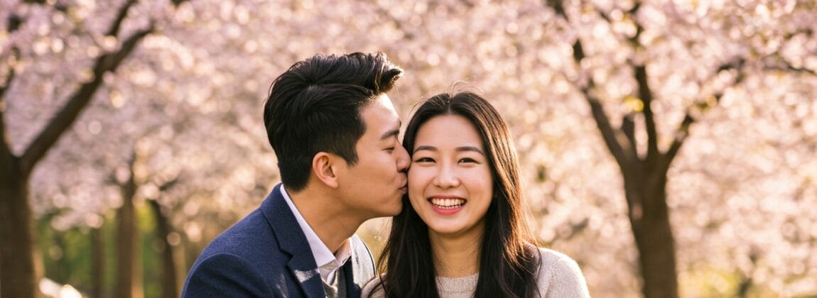 桜が咲き誇る公園のベンチに一緒に座り、男性が微笑む女性の頬にキスをしている。.