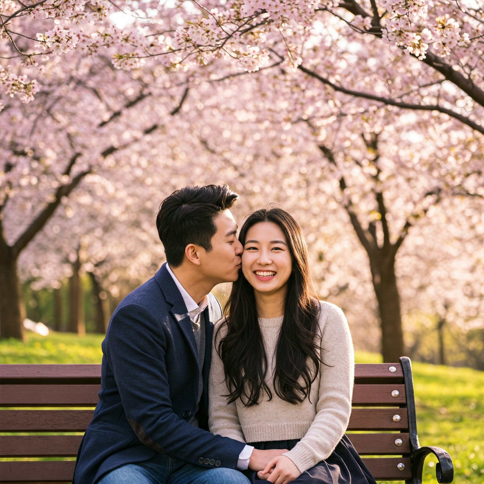 桜が咲き誇る公園のベンチに一緒に座り、男性が微笑む女性の頬にキスをしている。.
