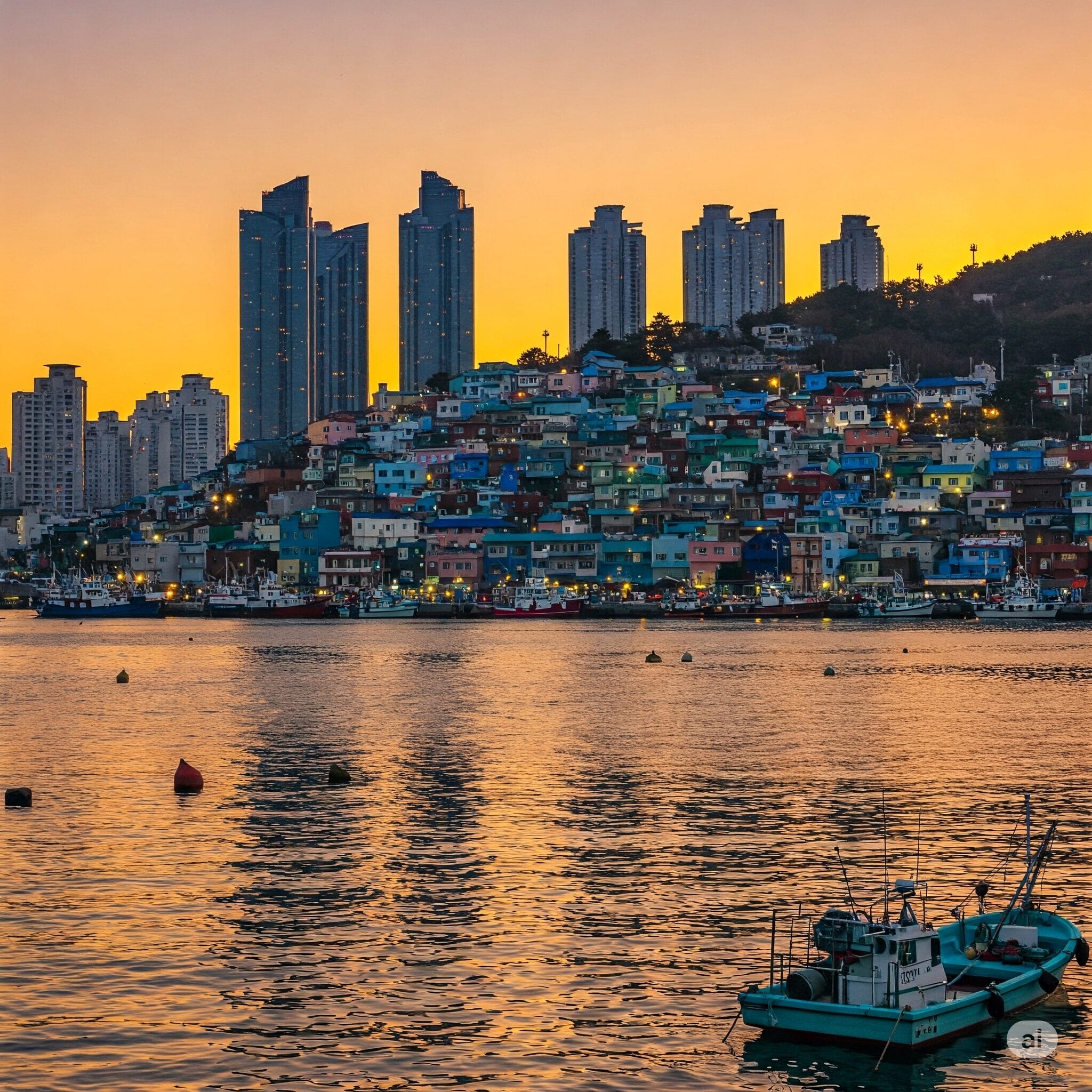 色鮮やかな丘の中腹の家々や高層ビルが、夕暮れ時の静かな水辺を見下ろしており、手前には小さな漁船が停泊しています。.