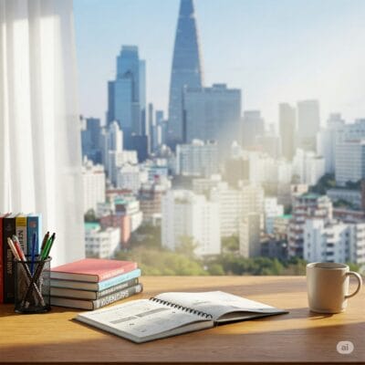 開いたプランナー、積み重ねられた本、ホルダーに立てられたペン、コーヒーマグが置かれた木製の机が、近代的な街のスカイラインを見渡す窓のそばに置かれています。.