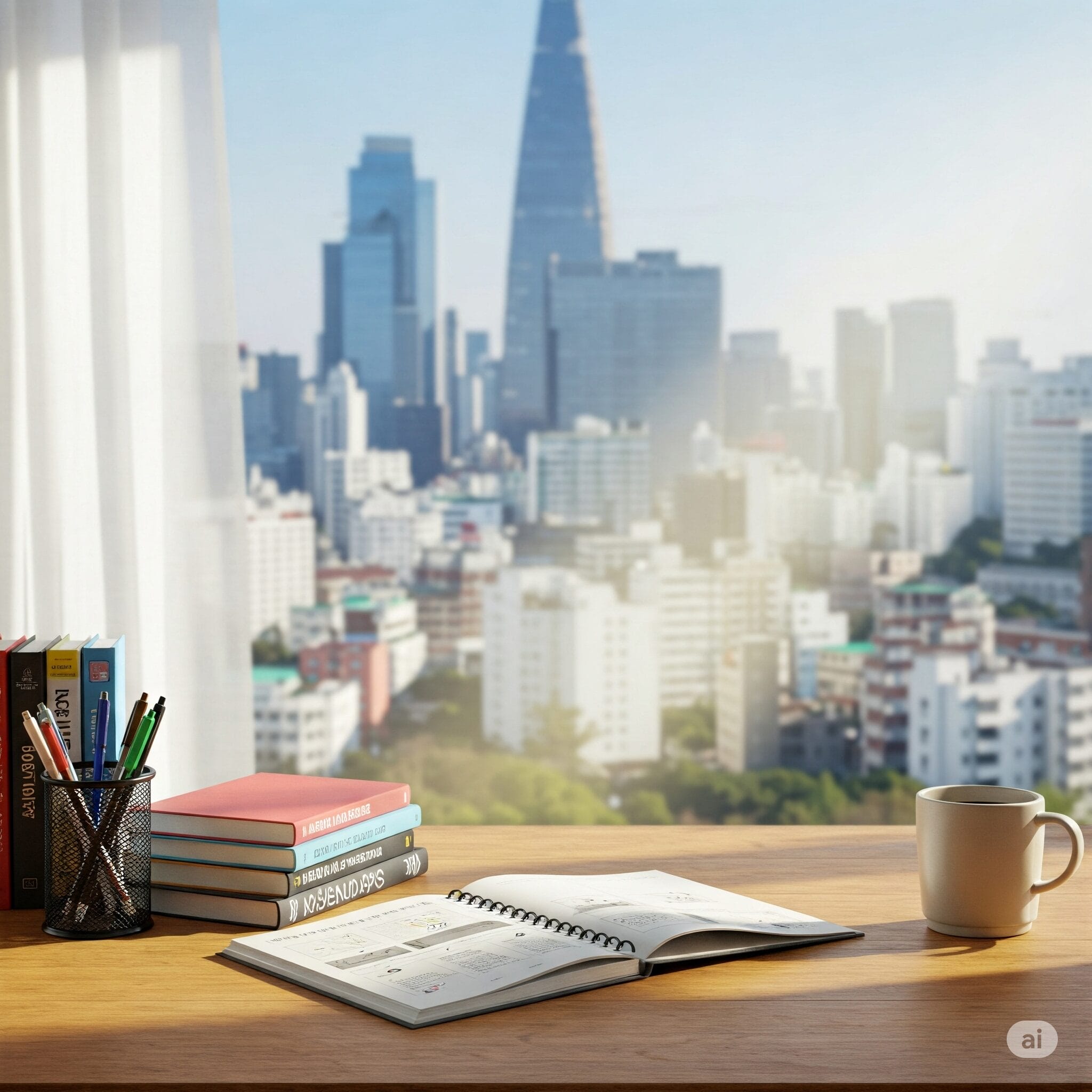 開いたプランナー、積み重ねられた本、ホルダーに立てられたペン、コーヒーマグが置かれた木製の机が、近代的な街のスカイラインを見渡す窓のそばに置かれています。.
