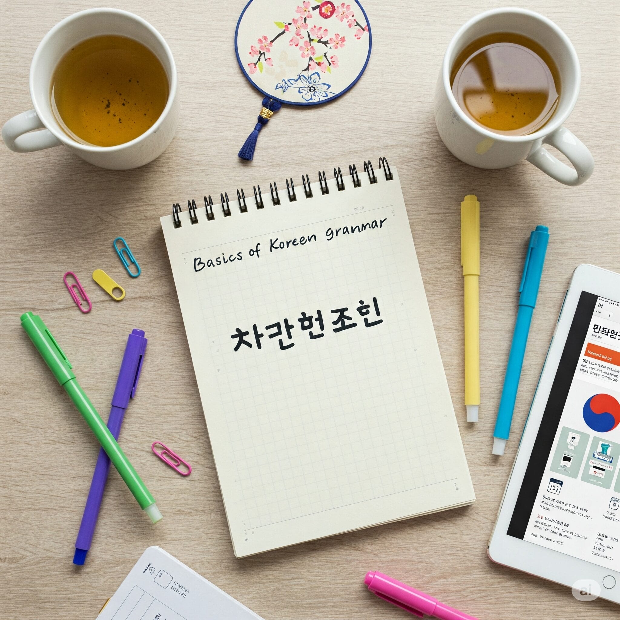 「韓国語の文法の基礎」と題された韓国語のテキストが書かれたメモ帳。周りにはティーカップ、ペン、蛍光ペン、ペーパークリップ、扇風機、韓国語のウェブサイトが表示されているタブレットが置かれている。.