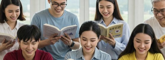 6人の若者がテーブルに一緒に座り、笑顔で韓国語の本を読んでいます。本の上には韓国をテーマにしたイラストやシンボルが描かれています。.