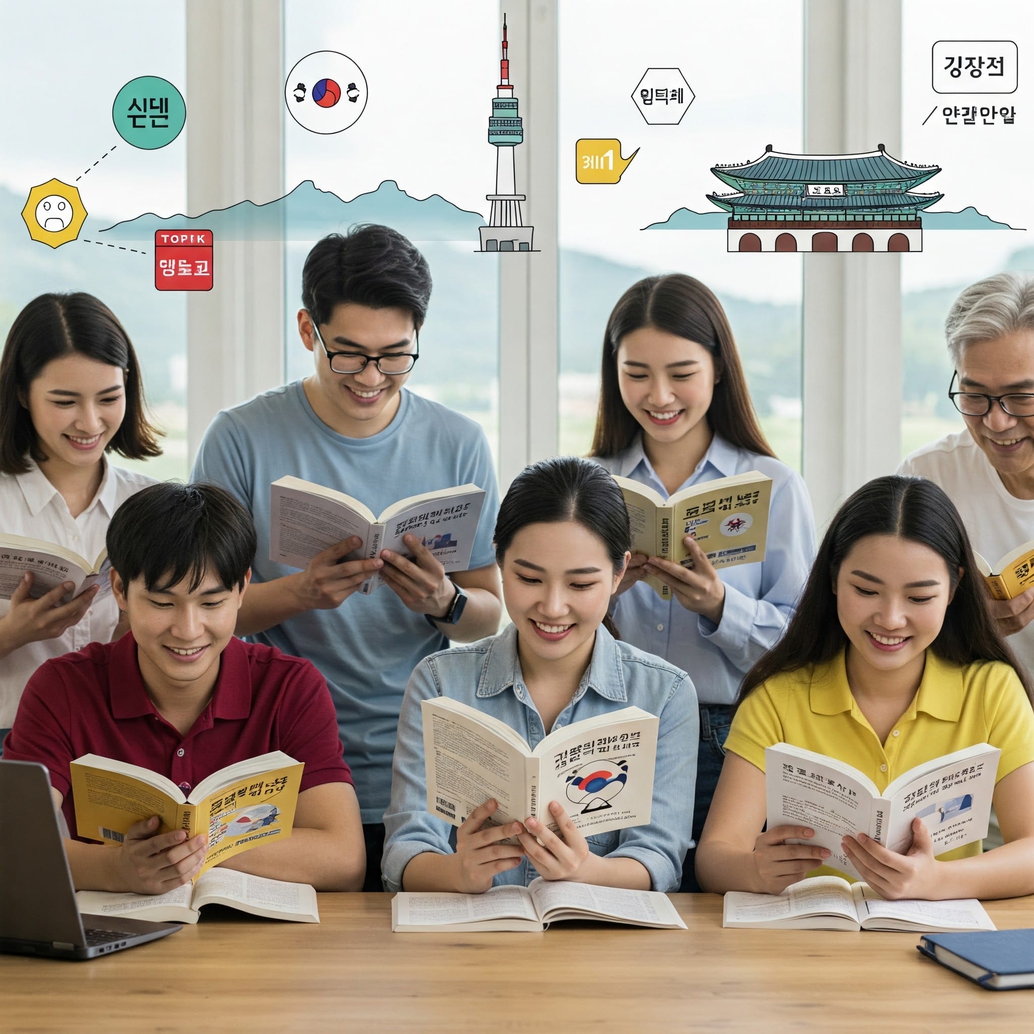 6人の若者がテーブルに一緒に座り、笑顔で韓国語の本を読んでいます。本の上には韓国をテーマにしたイラストやシンボルが描かれています。.