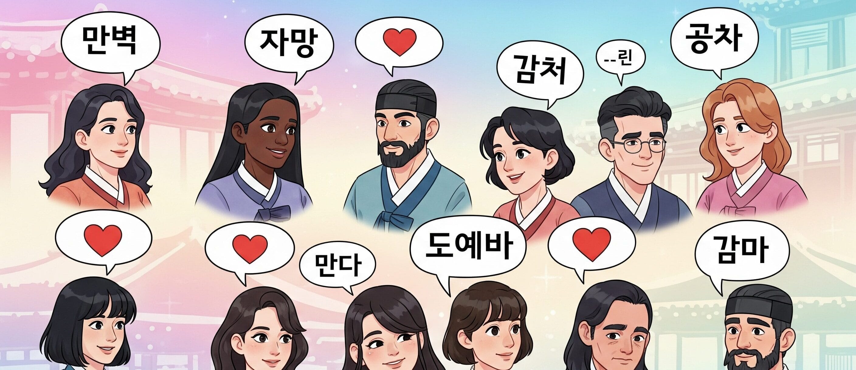 韓国の伝統衣装を着たアニメーションの人々のグループが、伝統的な建物のパステル調の背景に、韓国語の吹き出しとハートマーク付きの吹き出しで会話をしています。.