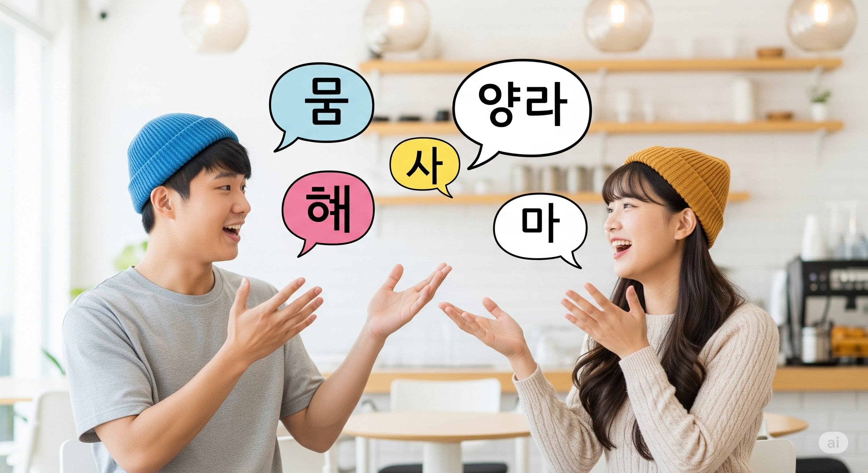 ビーニー帽をかぶった二人が室内に座り、微笑みながら身振り手振りをしており、二人の間には韓国語の吹き出しが表示されている。.