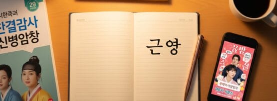 木製の机の上に、韓国語の文字が書かれた開いたノート、ペン、本、韓国ドラマが表示されているスマートフォン、コーヒーカップ、タブレットが置いてあります。.