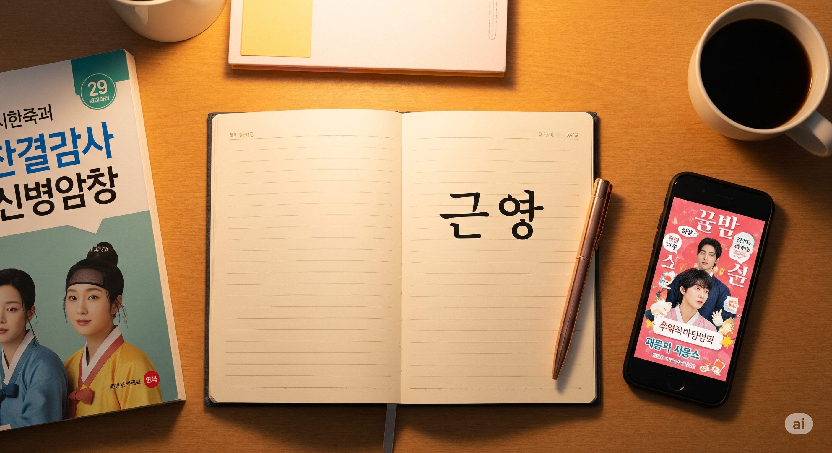 木製の机の上に、韓国語の文字が書かれた開いたノート、ペン、本、韓国ドラマが表示されているスマートフォン、コーヒーカップ、タブレットが置いてあります。.