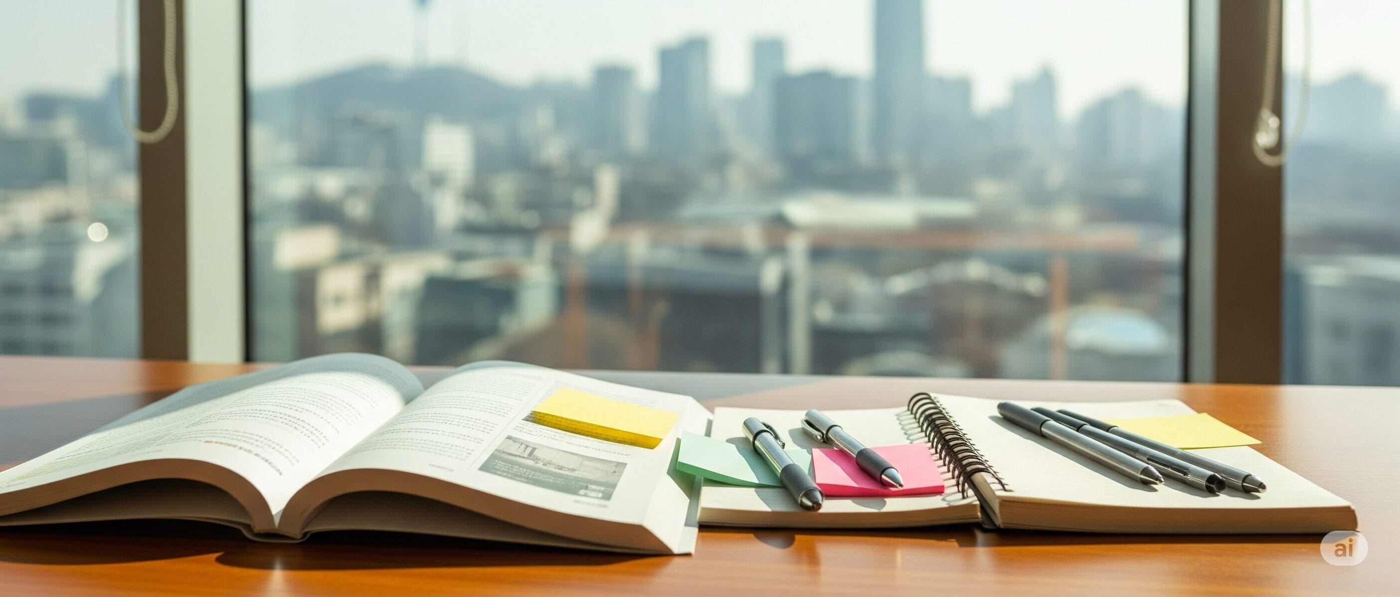 高いビルを背景にした街のスカイラインを見渡せる大きな窓のそばの机の上に、開いた本、付箋の付いたノート、ペンが並べられています。.