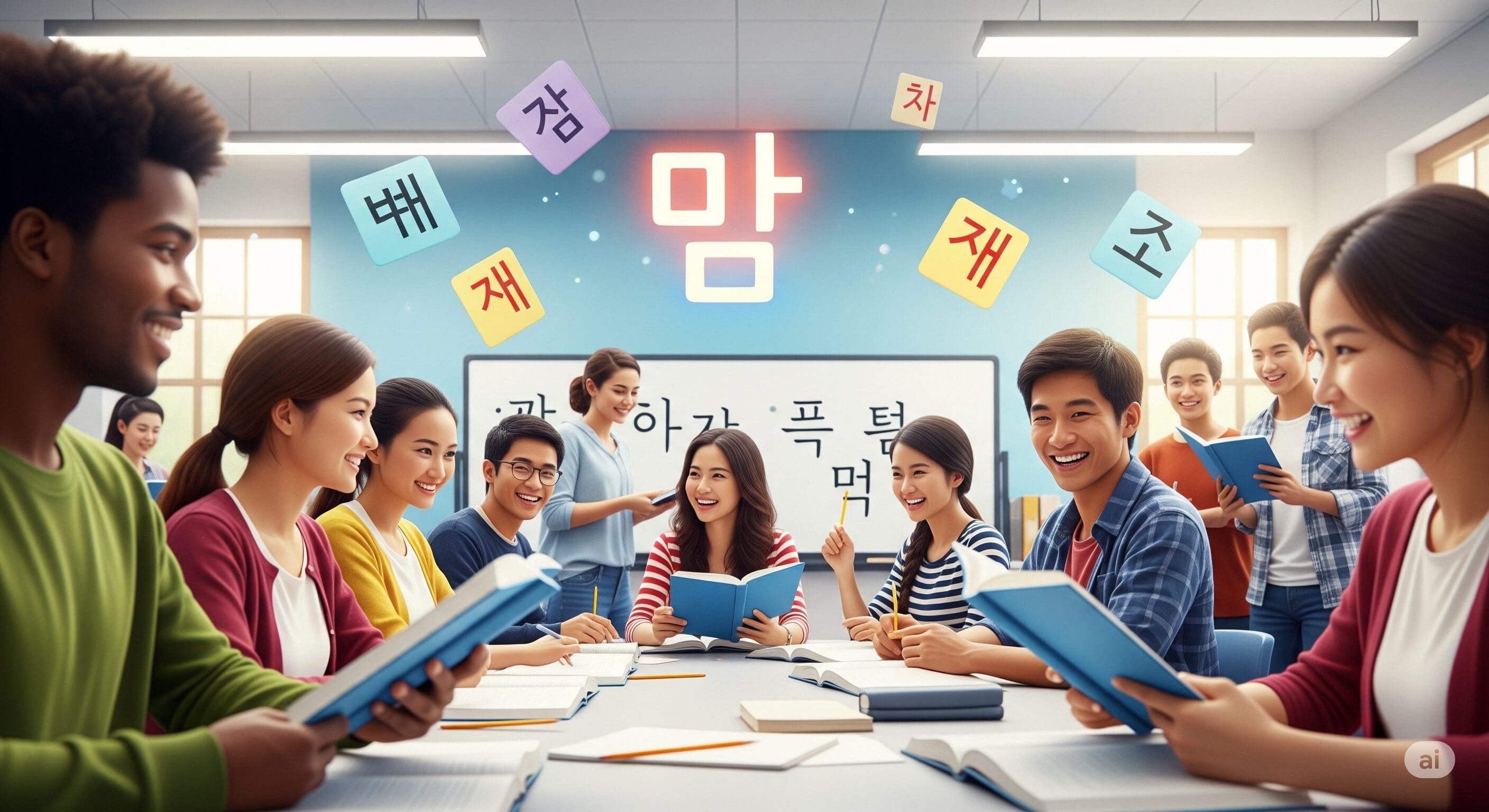 教室では、生徒たちがテーブルの周りに座って笑顔で本を手にしており、背後の壁には韓国語の文字が表示されている。. 教室では、生徒たちがテーブルの周りに座って笑顔で本を手にしており、背後の壁には韓国語の文字が表示されている。.