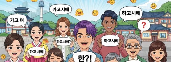 伝統的な建物と南山ソウルタワーの前に立ち、韓国語の単語や表現が書かれた吹き出しを持った、さまざまなアニメーションの人々のグループ。.
