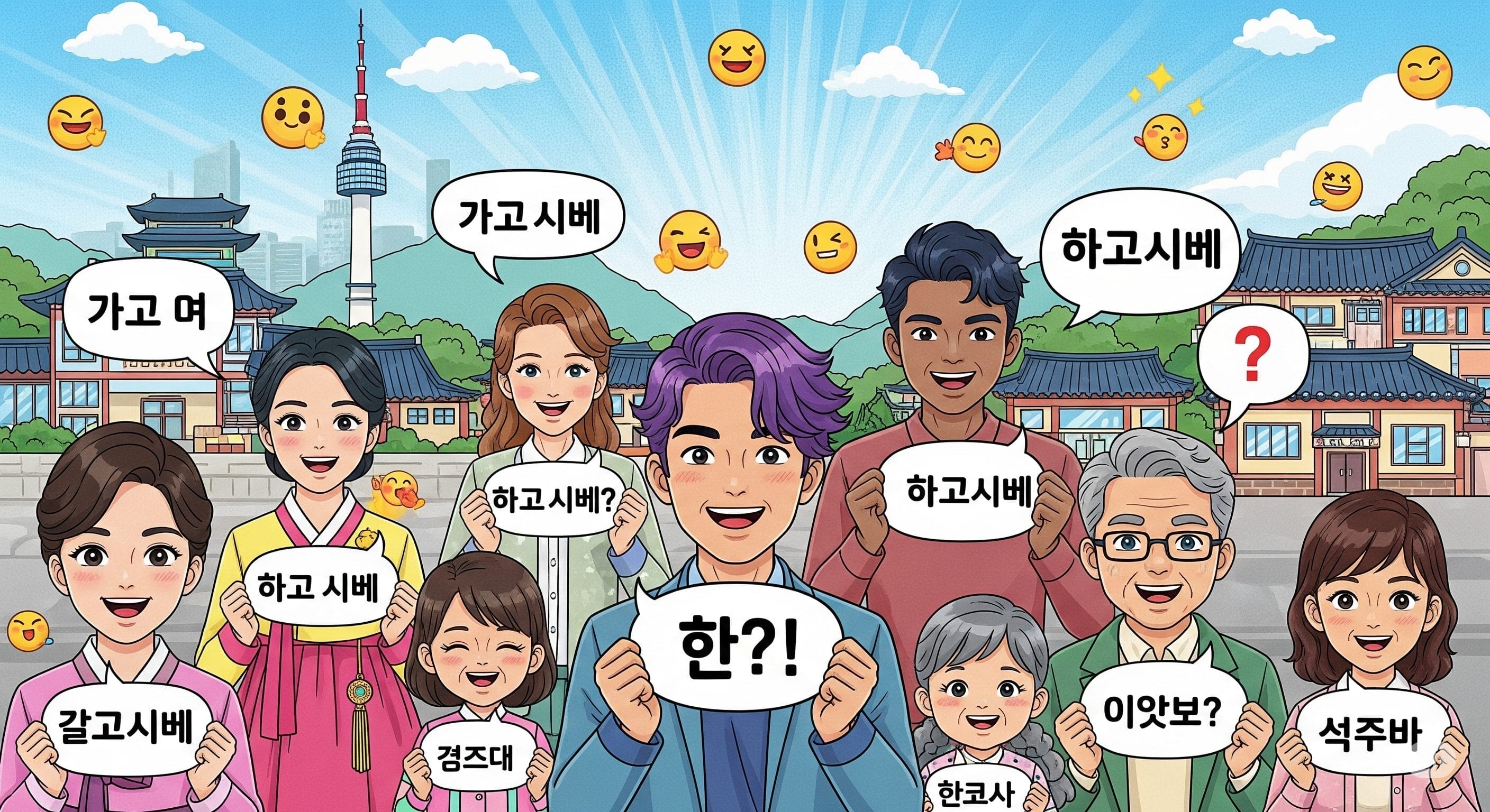 伝統的な建物と南山ソウルタワーの前に立ち、韓国語の単語や表現が書かれた吹き出しを持った、さまざまなアニメーションの人々のグループ。.