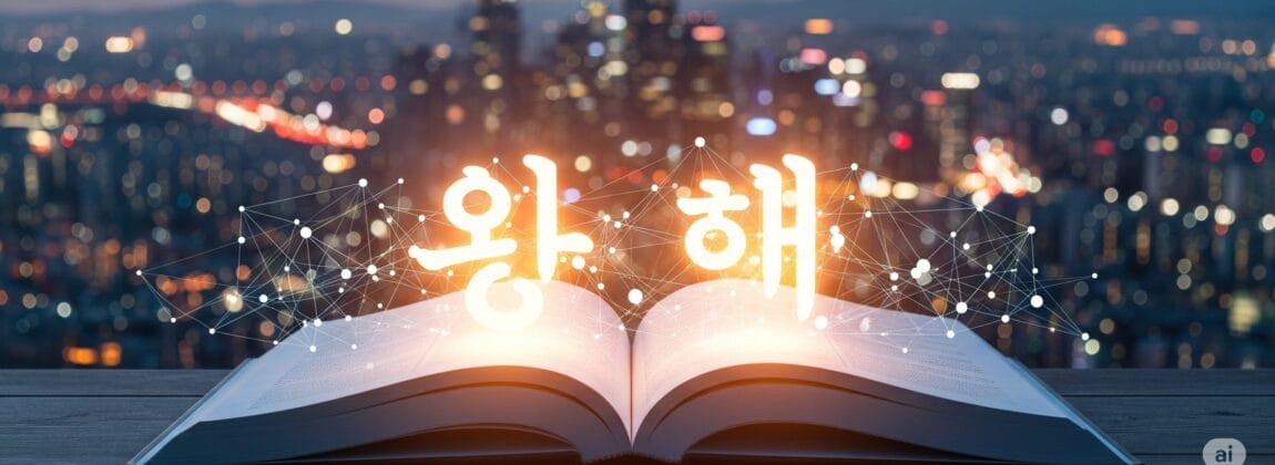 テーブルの上に開かれた本があり、その上には光る韓国語の文字とデジタル接続があり、背景には街の明かりと夕焼けのスカイラインが広がっています。.