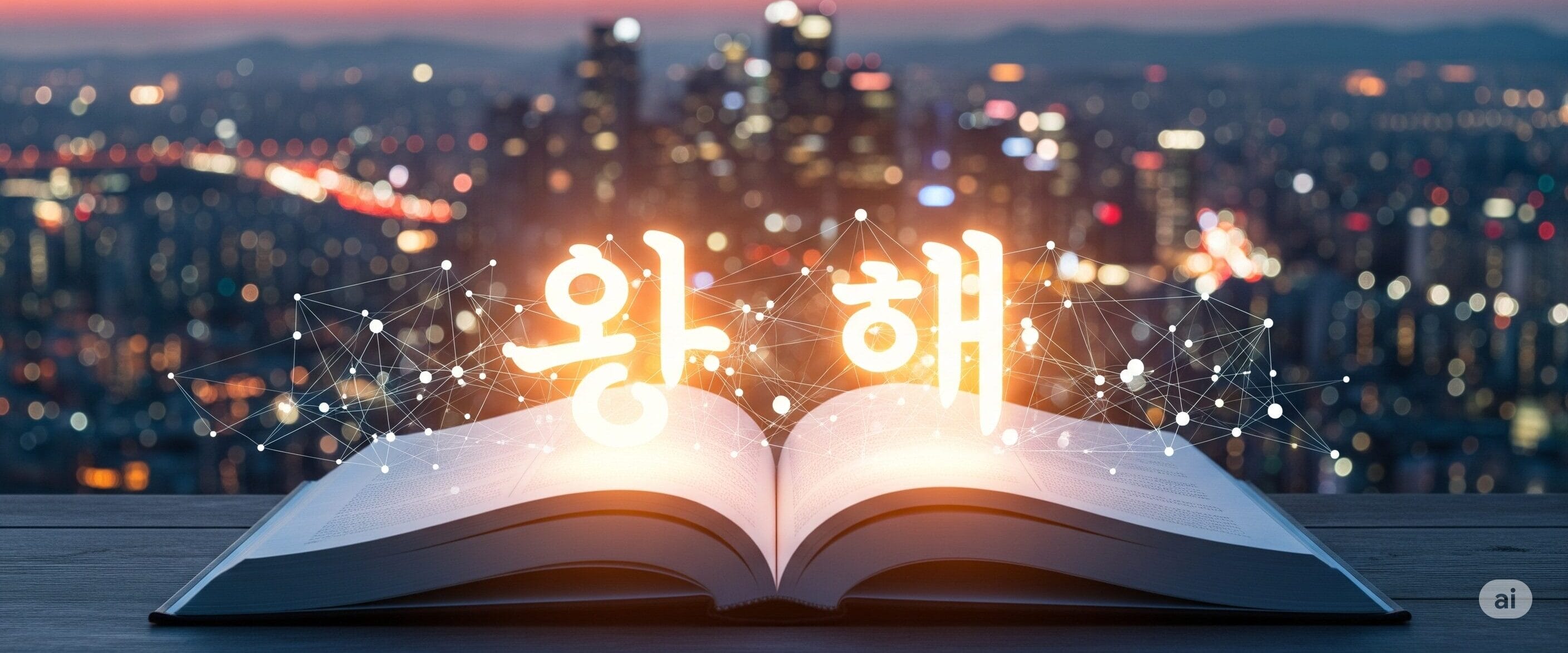 テーブルの上に開かれた本があり、その上には光る韓国語の文字とデジタル接続があり、背景には街の明かりと夕焼けのスカイラインが広がっています。.
