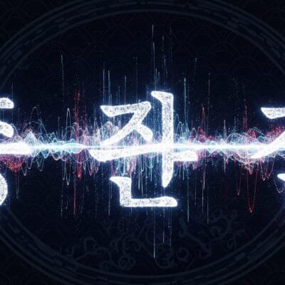 暗い背景に、カラフルで静電気のような波模様が描かれた光る韓国語の文字。.
