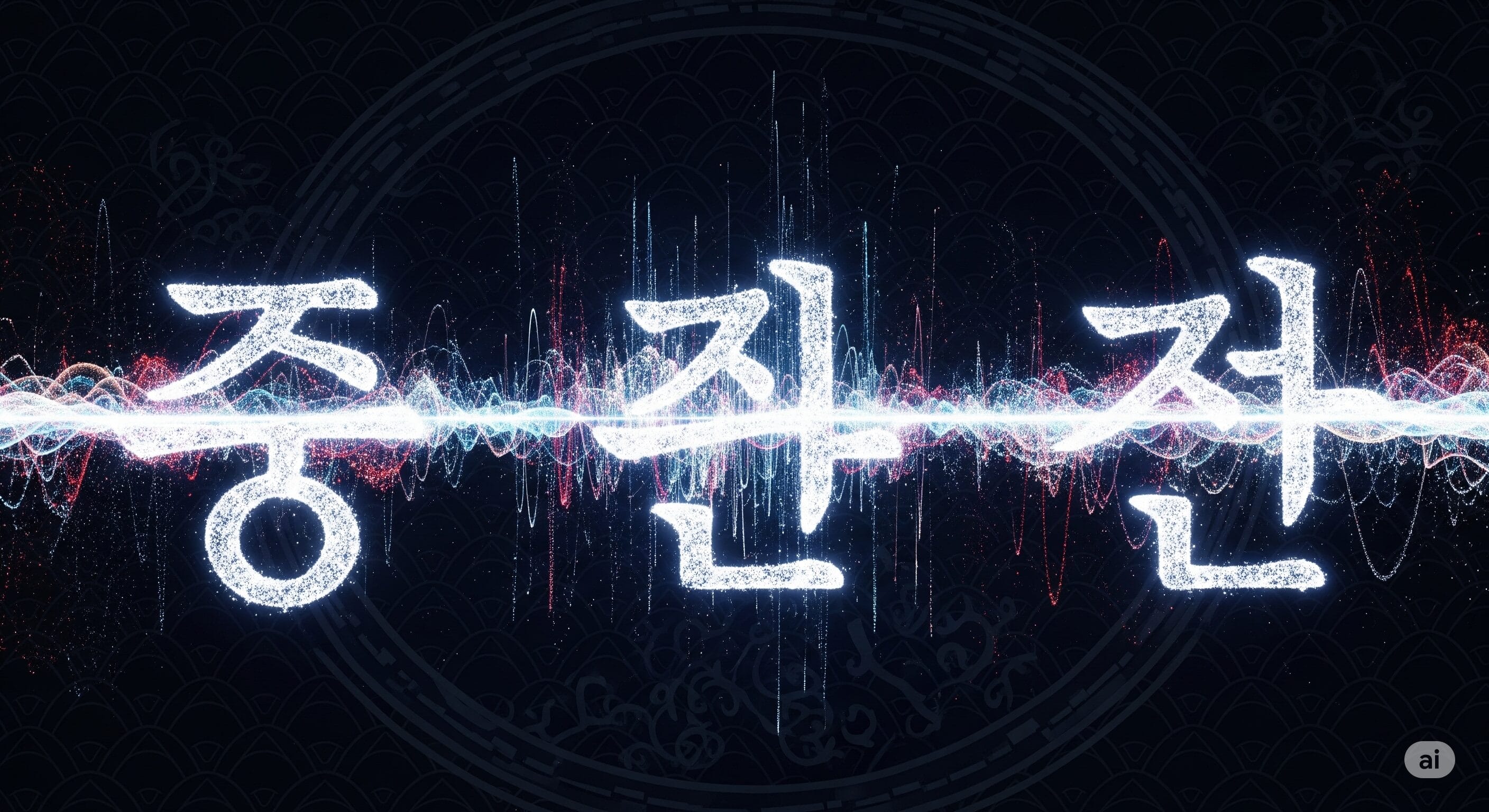 暗い背景に、カラフルで静電気のような波模様が描かれた光る韓国語の文字。.