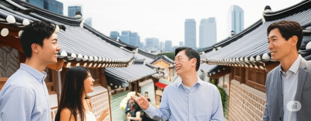 4 人が、背景に近代的な都市の建物が見える伝統的な韓国の通りで立って話しています。.
