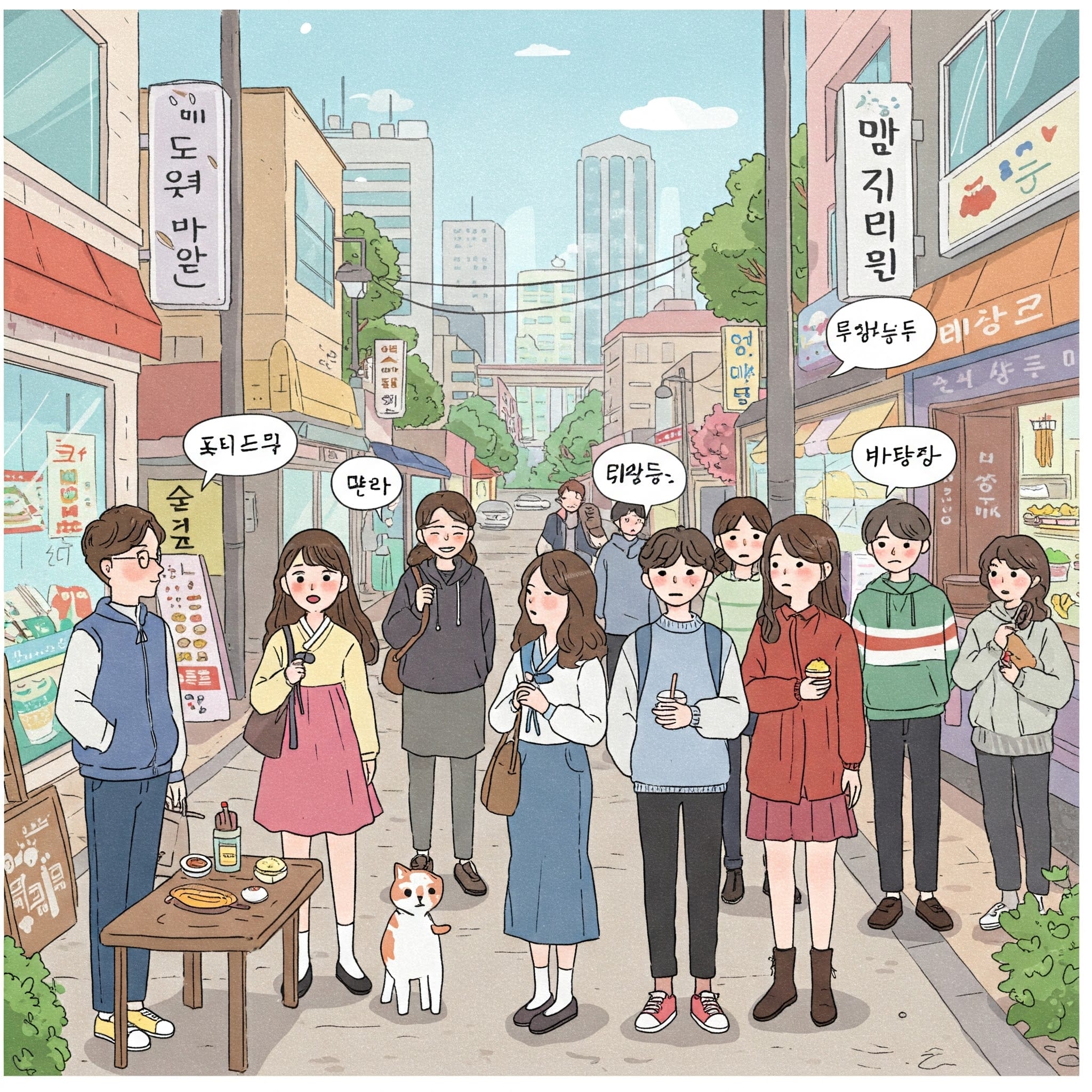 人々のグループと猫が、店や韓国語の看板が立ち並ぶ賑やかな街の通りに立っています。一部の人物の上には吹き出しが表示されています。.