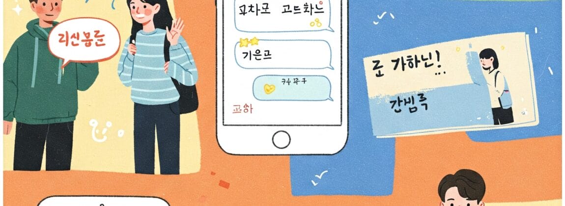 学生たちが交流し、メッセージ アプリを使用し、授業に参加し、教師が正装して立っている様子を示すイラスト。画像全体にさまざまな韓国語の単語とアイコンが表示されます。.