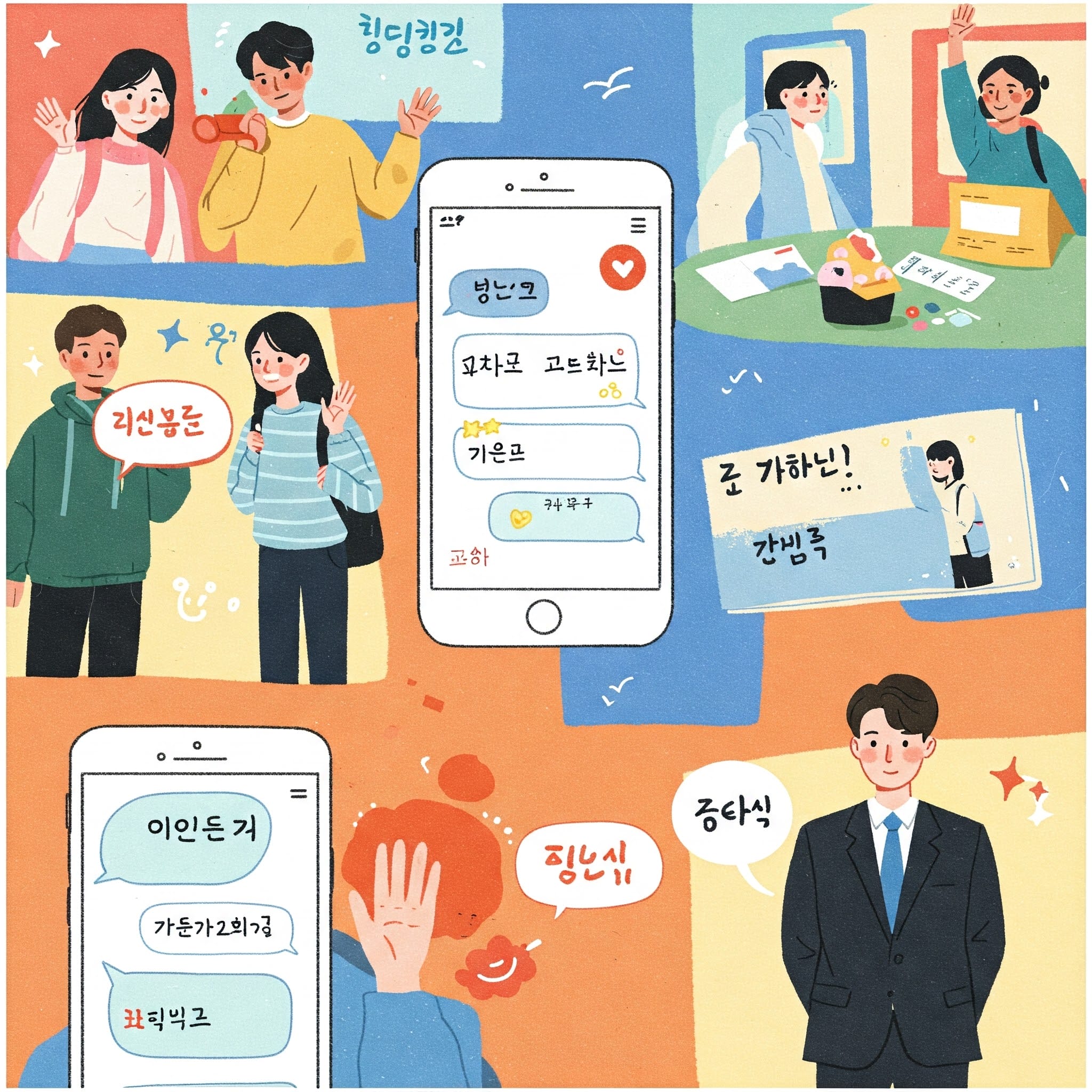 学生たちが交流し、メッセージ アプリを使用し、授業に参加し、教師が正装して立っている様子を示すイラスト。画像全体にさまざまな韓国語の単語とアイコンが表示されます。.