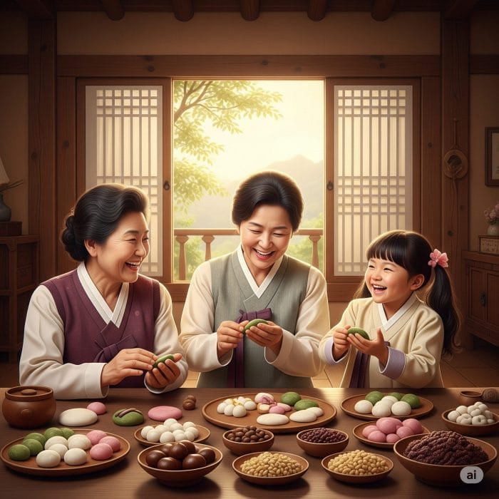 家族みんなで楽しそうにソンピョンを作っている様子