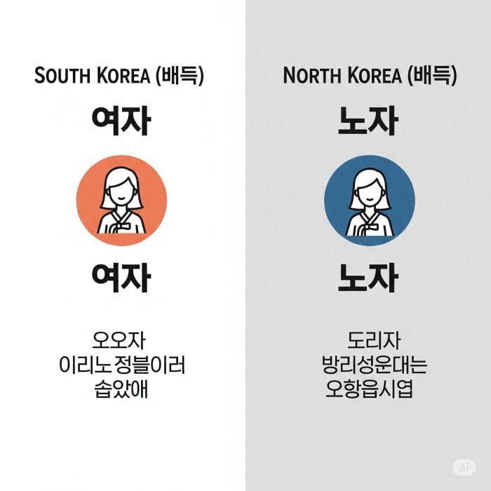 頭音法則による韓国語と朝鮮語の発音の違いを示すインフォグラフィック