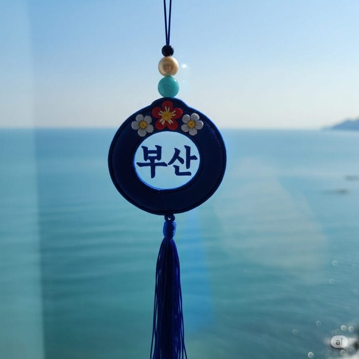 釜山の港とカラフルな家並み。ハングル「부산」の文字がオーバーレイされているイメージ。