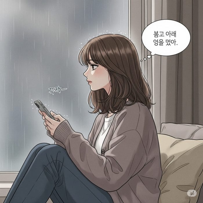 窓の外の雨空を見ながらスマートフォンを確認する女性