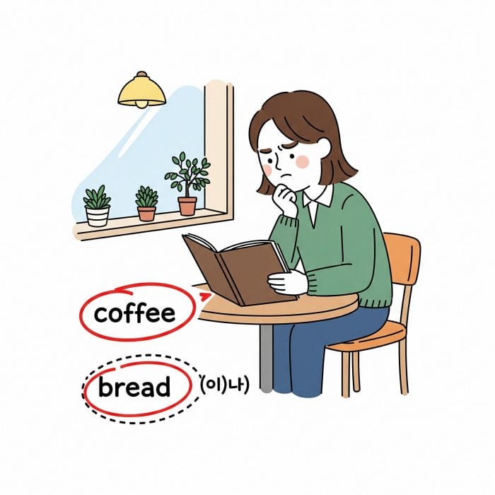 カフェのメニューを見て、本命ではないパンを(이)나という文字と共に点線で囲んでいるイラスト